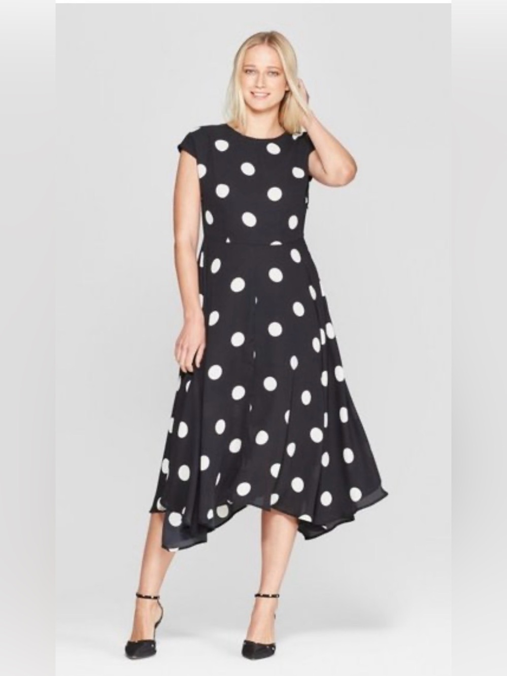 Who What Wear Black and White Polka Dot Midi Dress